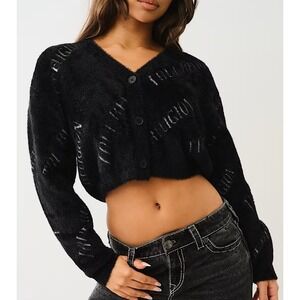 NEW! True Religion AOP Fuzzy Cropped Cardigan Sweater Women's M ~ Faux Fur /Soft